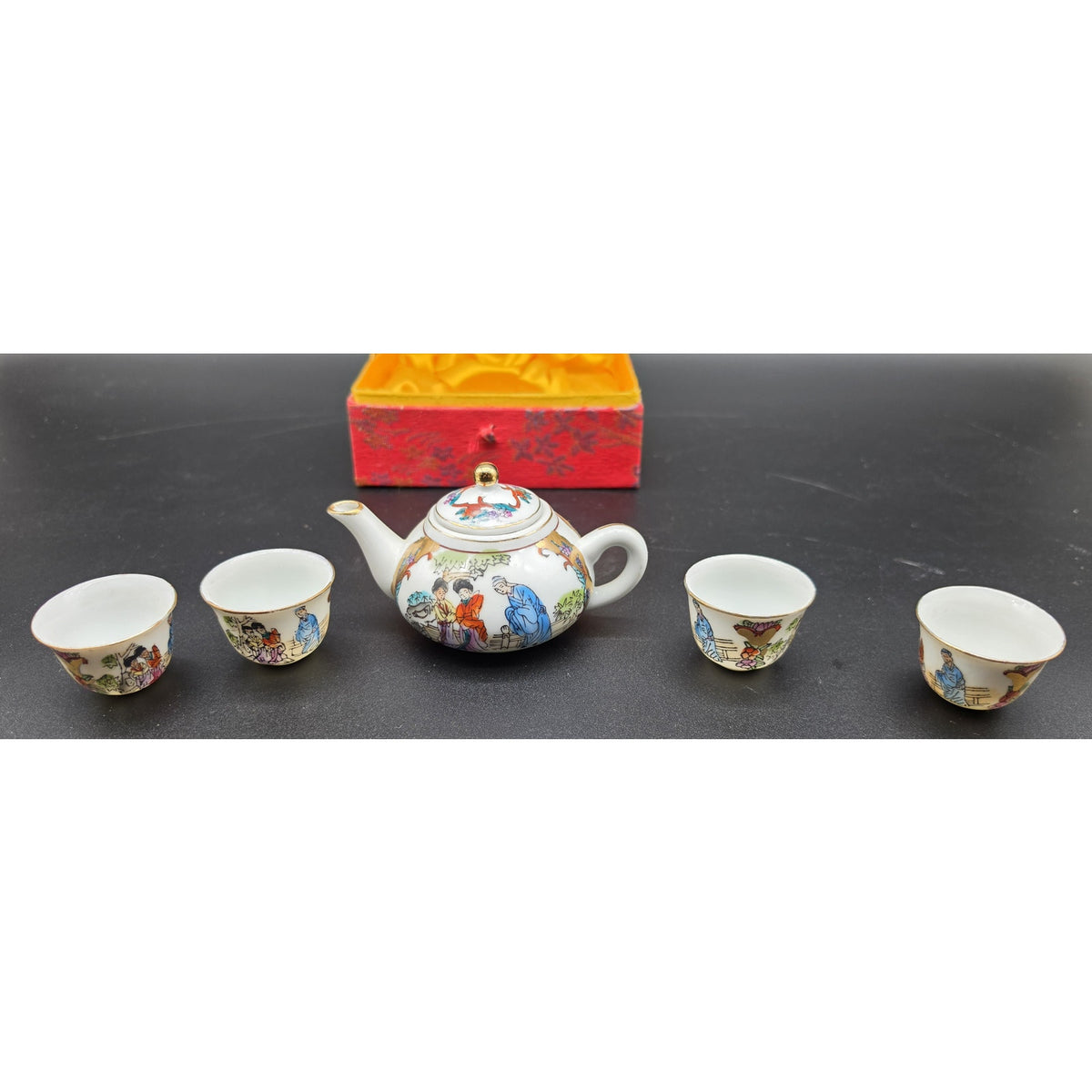 Vintage Hand Painted Porcelain Sake Tea Set 22K Gold Gilt Red Brocade Box Set