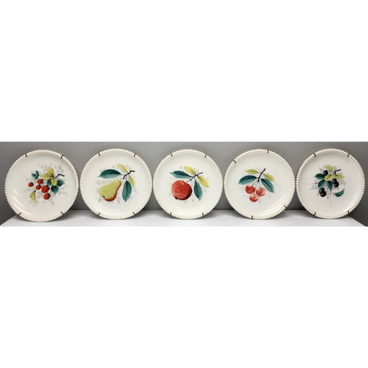 VTG Westmoreland Milk Glass Beaded Edge Fruit Plates 5 Set, Hand Painted, 7.5"