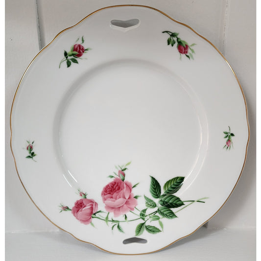 Vintage Rose Porcelain Plate Gold Rim Scalloped Edge Handles 10.3" Floral Decor