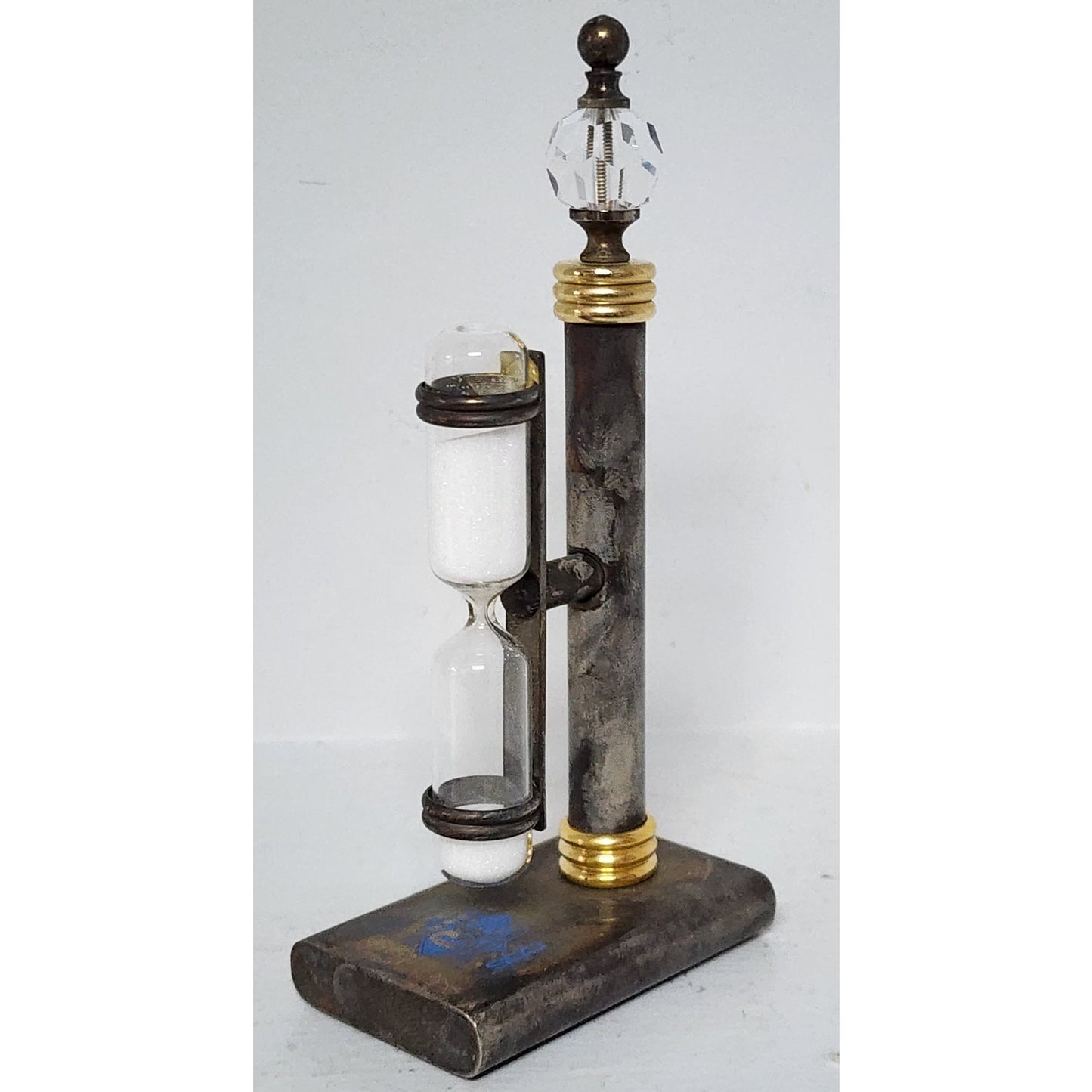 Vintage Brass Hourglass Timer on Stand – 3‑Min Promo Piece, Crystal Finial