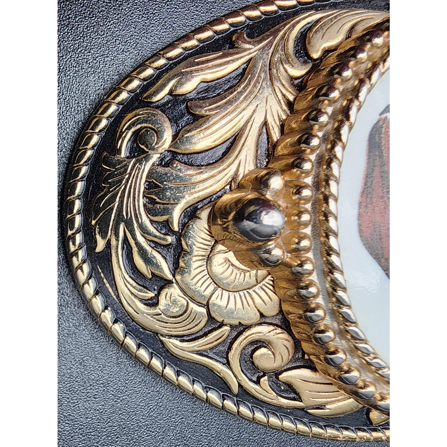 Vintage Brass Horse Head Belt Buckle with Porcelain Cameo 3.25" Western