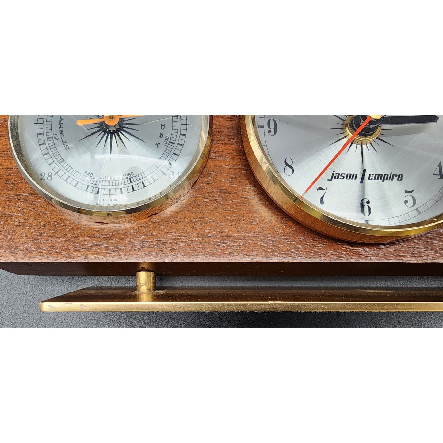 Vintage Jason Empire Weather Station Wood & Brass Quartz Clock Thermometer