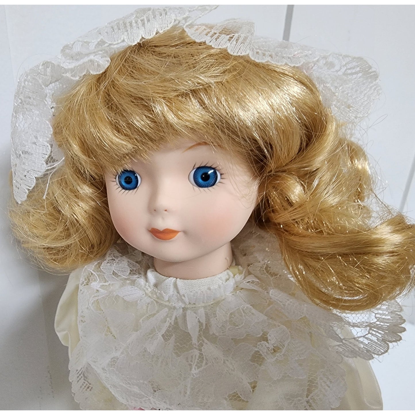 Vintage 16" Lazarus Porcelain Doll “Sarah” w/ Stand & Box – Bridal Gown