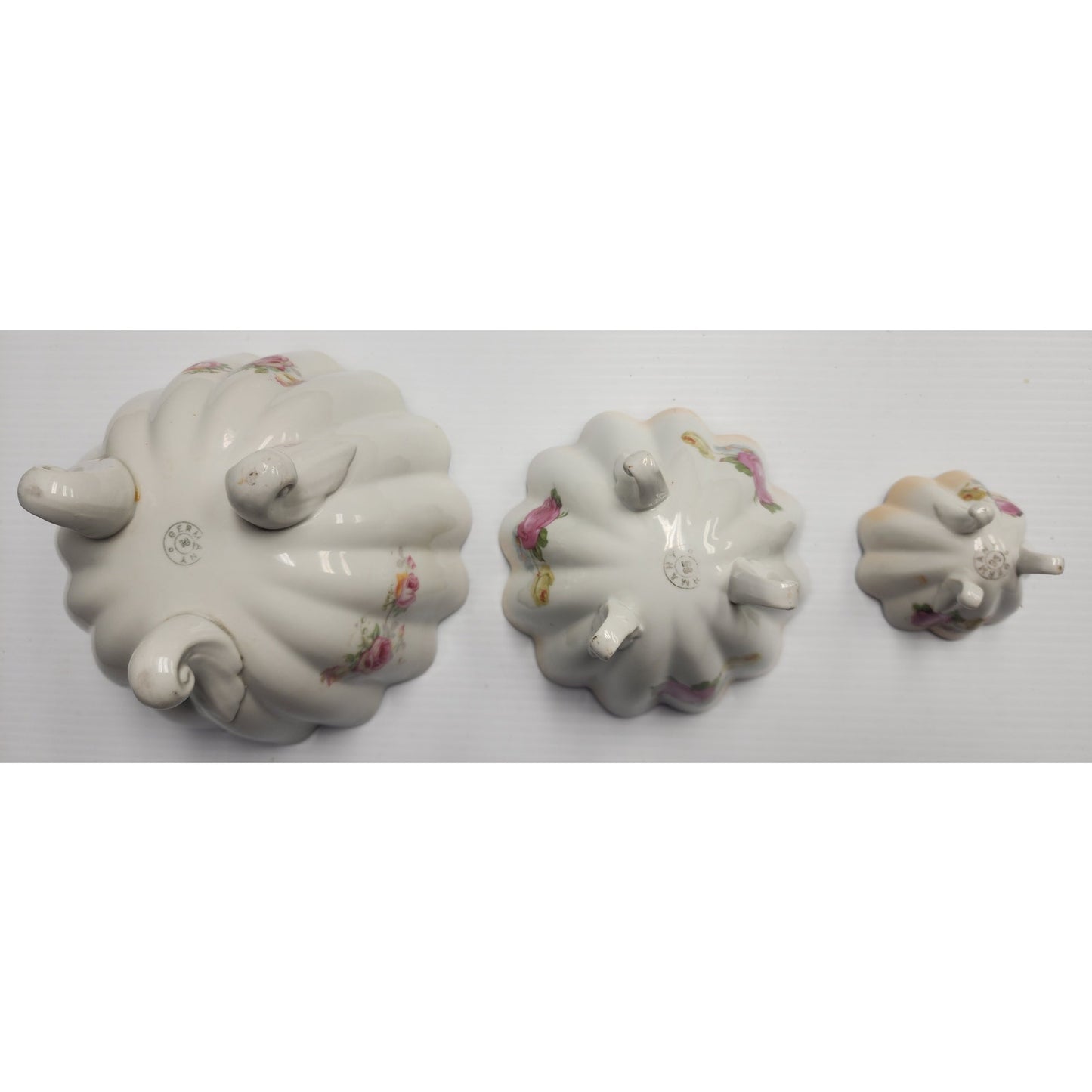 Antique German Hand Painted Porcelain Bowl Set 3pc Floral Scalloped Pedestal