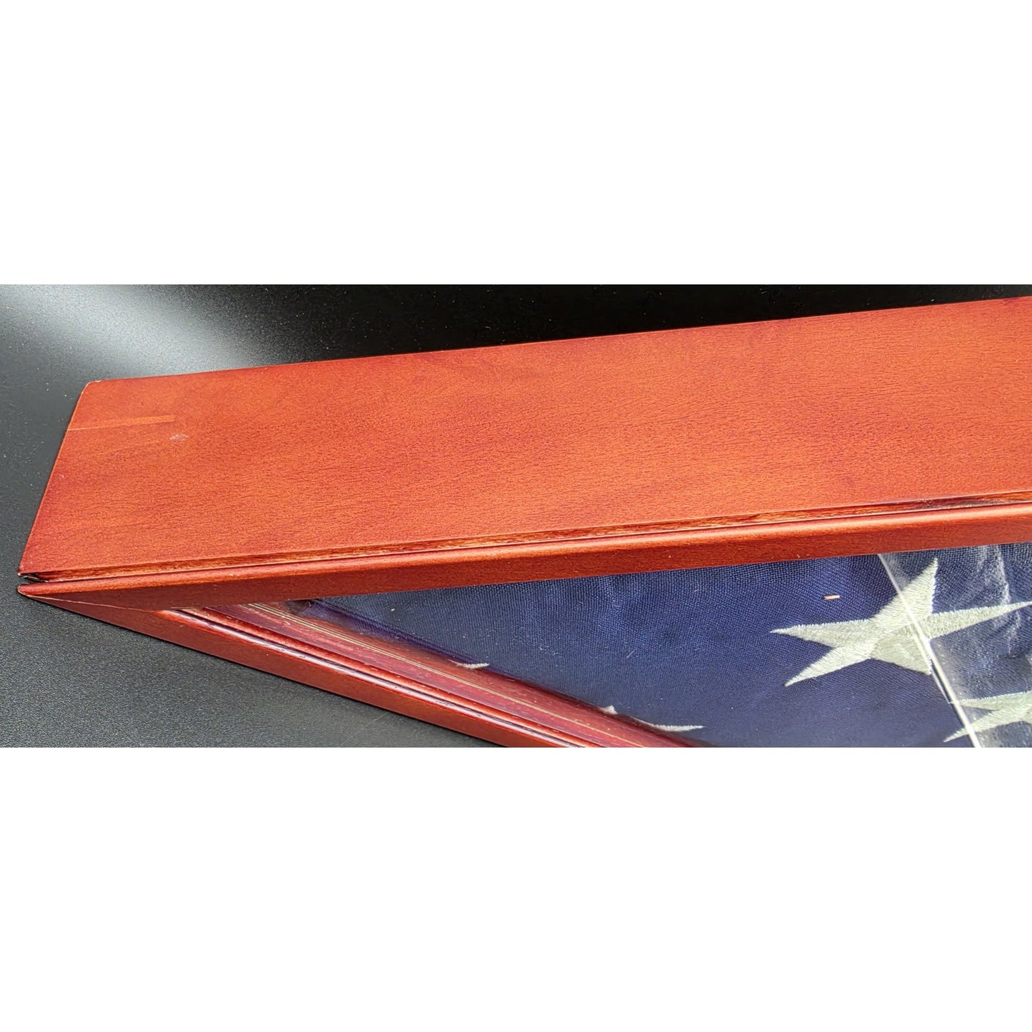 Vintage US Veteran Burial Flag in Solid Wood Triangular Display Case