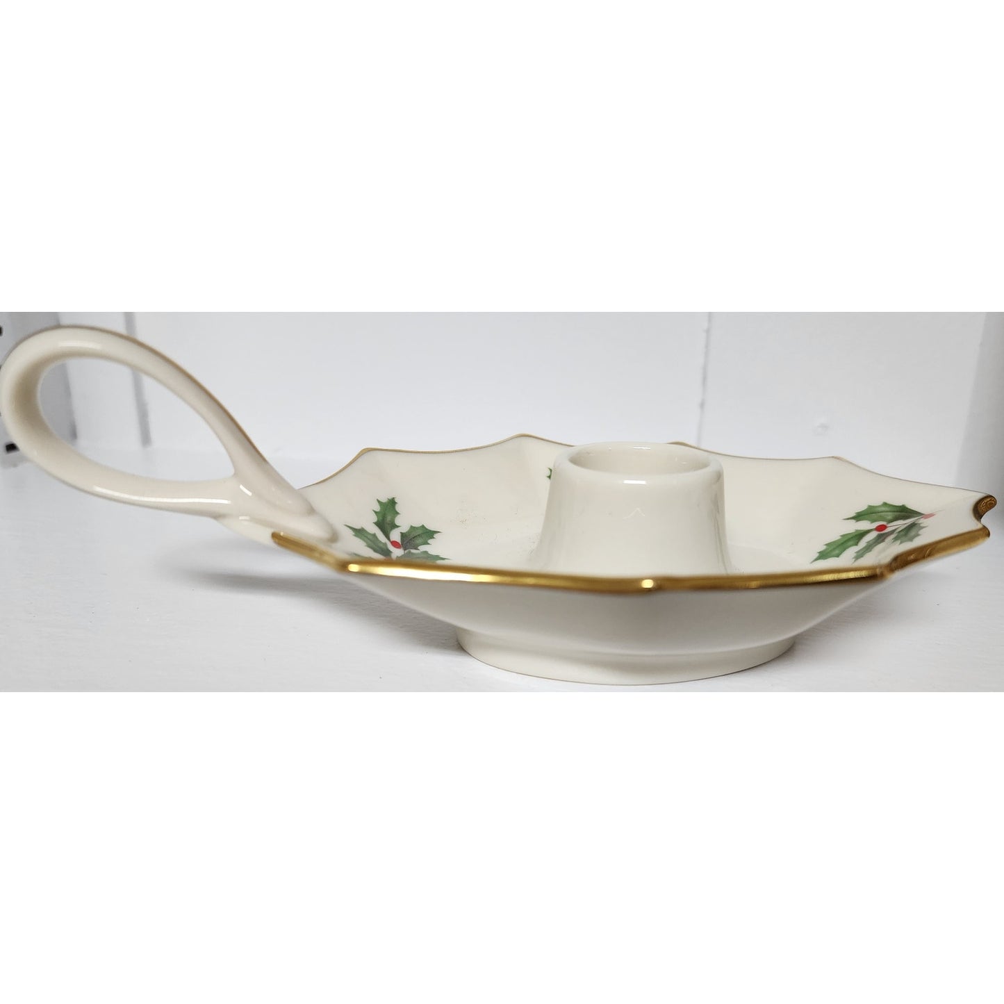 Lenox Holiday Candle Holder Ivory Porcelain 24K Gold Rim Holly Berry Design