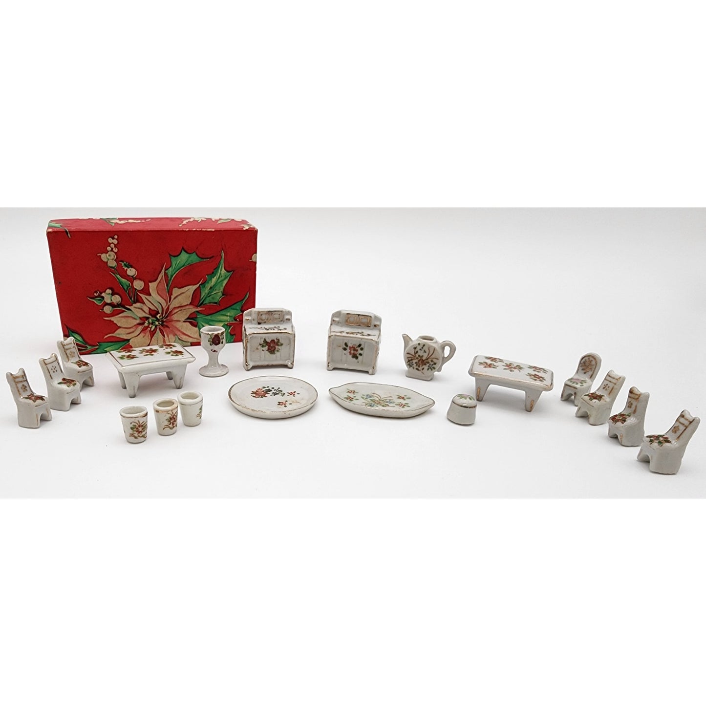 Vintage Porcelain Miniature Dollhouse Furniture Set 19pc Floral 22K Gold Japan