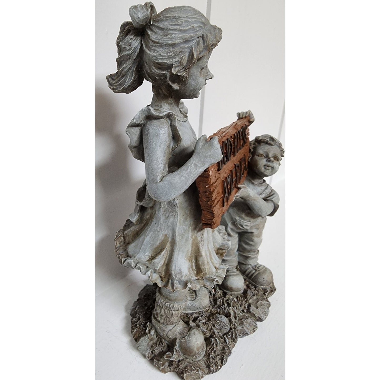 Vintage Resin Children Figurine Holding “God Bless America” Sign 11.5" Patriotic