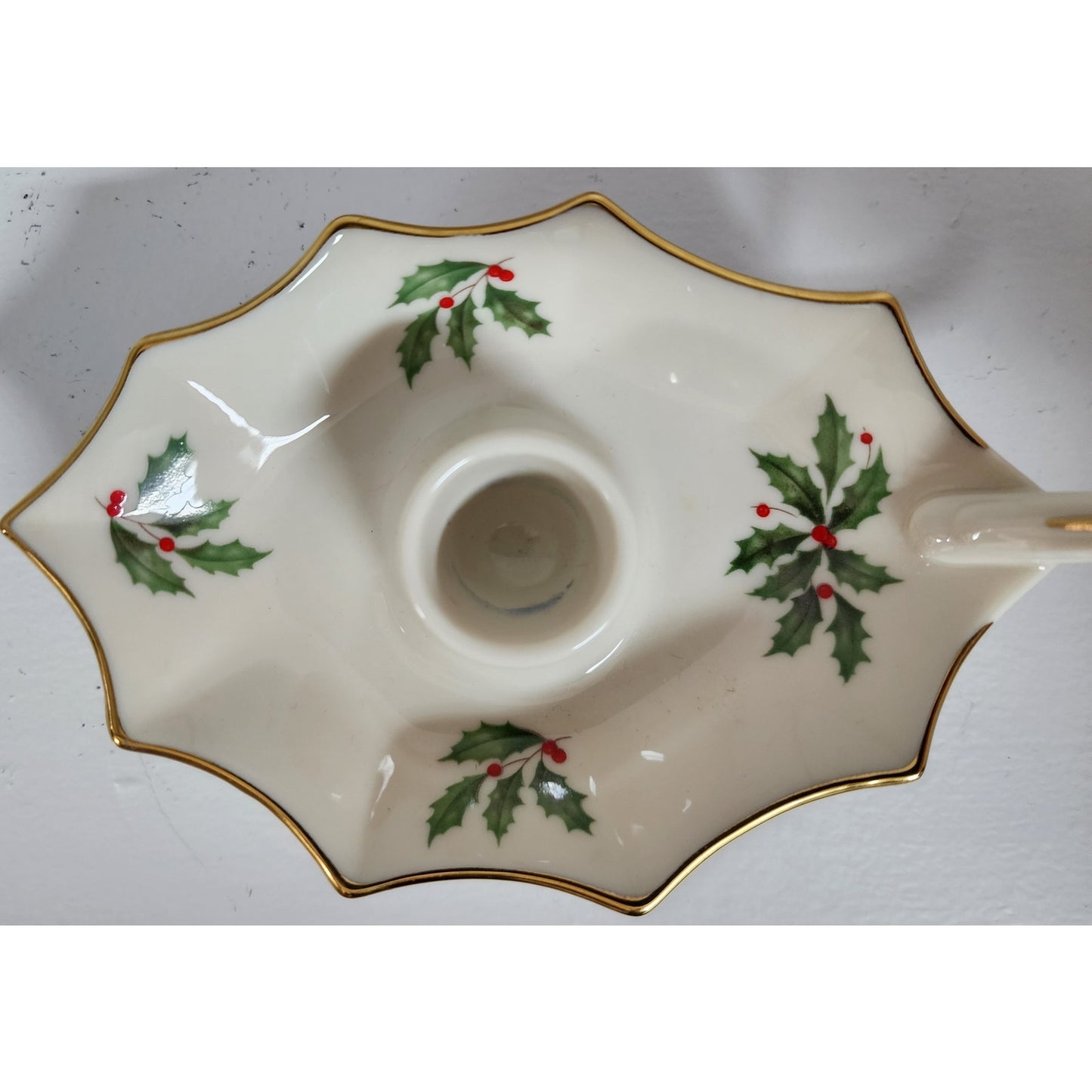 Lenox Holiday Candle Holder Ivory Porcelain 24K Gold Rim Holly Berry Design