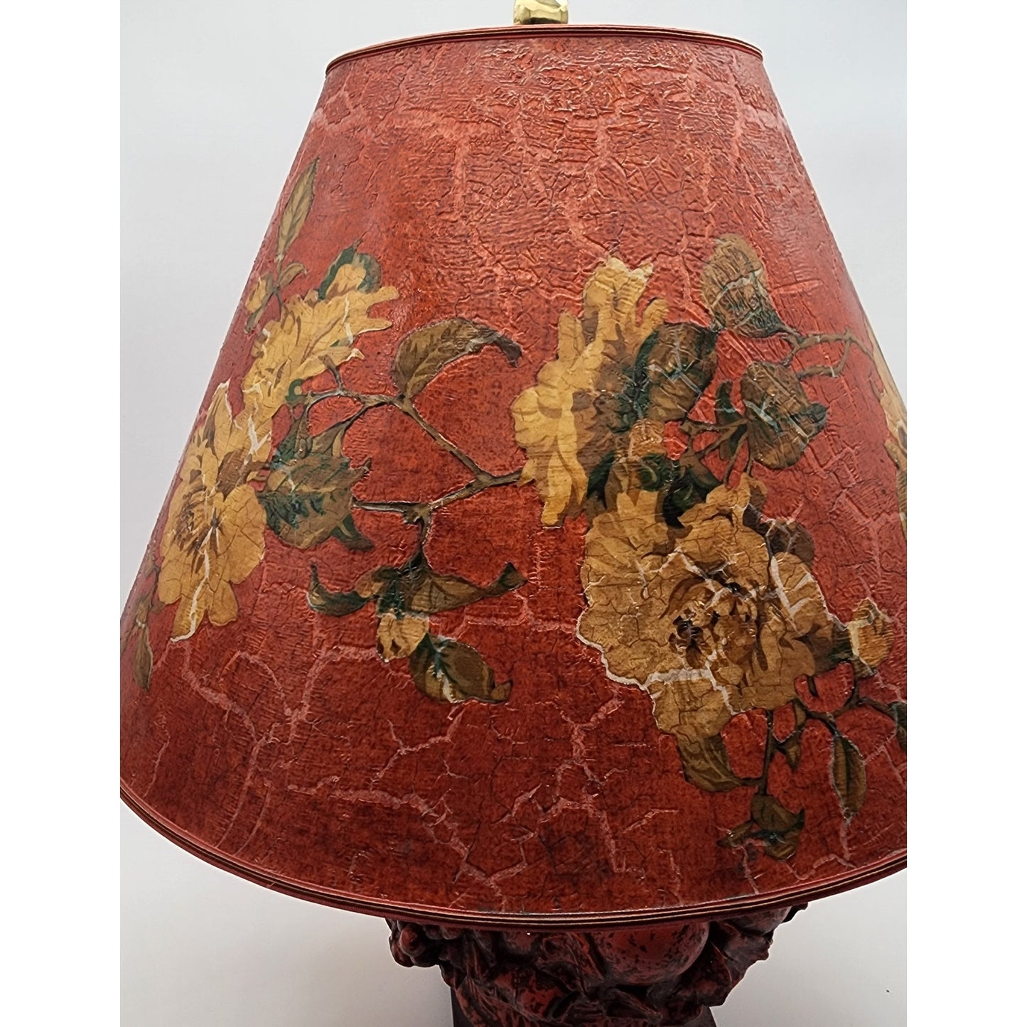 VTG 31" Fruit Basket Table Lamp w/ Floral Shade 42 lb Concrete Body Brass Finial