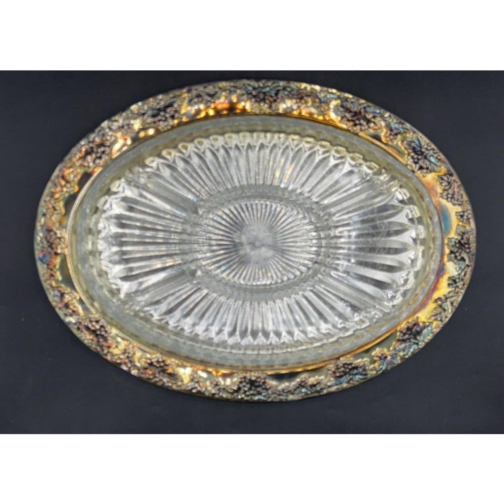 1980s Godinger Silver Plated Grape Oval Relish Tray w/ Glass Insert 16x12 VTG