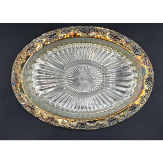1980s Godinger Silver Plated Grape Oval Relish Tray w/ Glass Insert 16x12 VTG