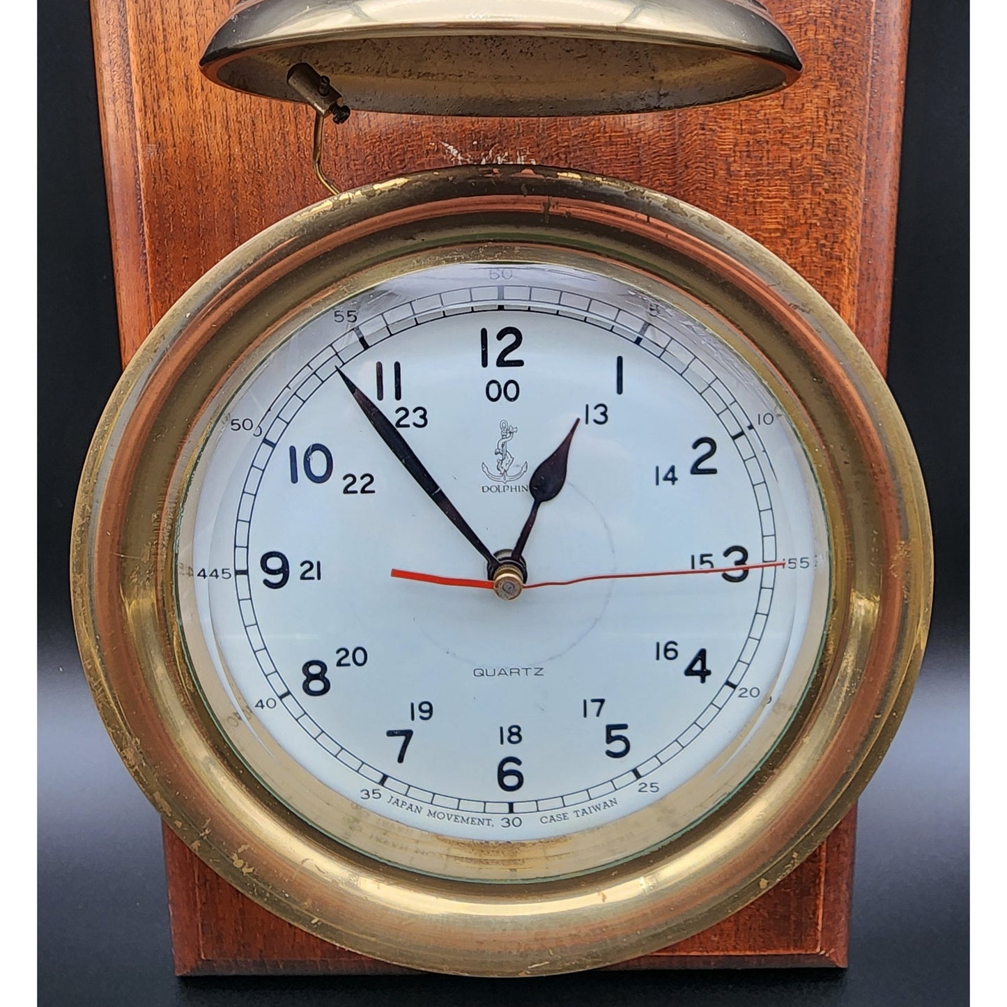 Vintage Dolphin Brass & Wood Mariner Wall Clock w/ Hourly Ship Bell Chimes