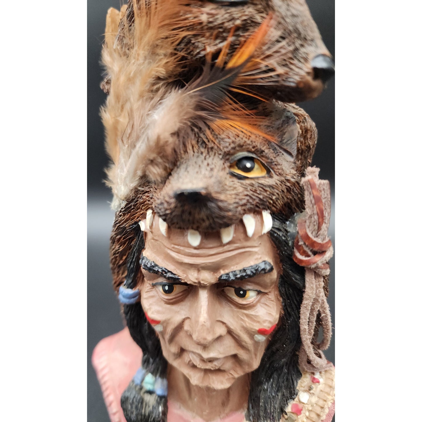 Native American Warrior Figurine w/ Wolf Fox Headdress Feathers Resin 10”