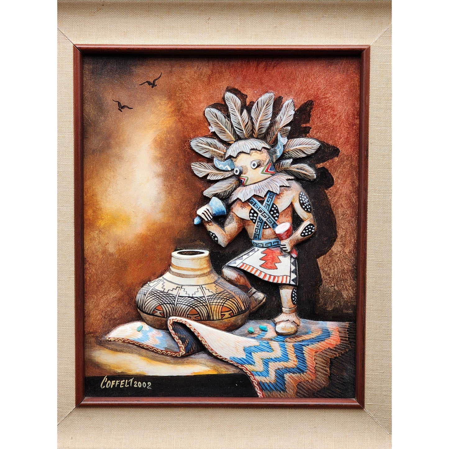 Bill Coffelt 2003 Southwest Mixed Media Art Framed Native Pottery Scene