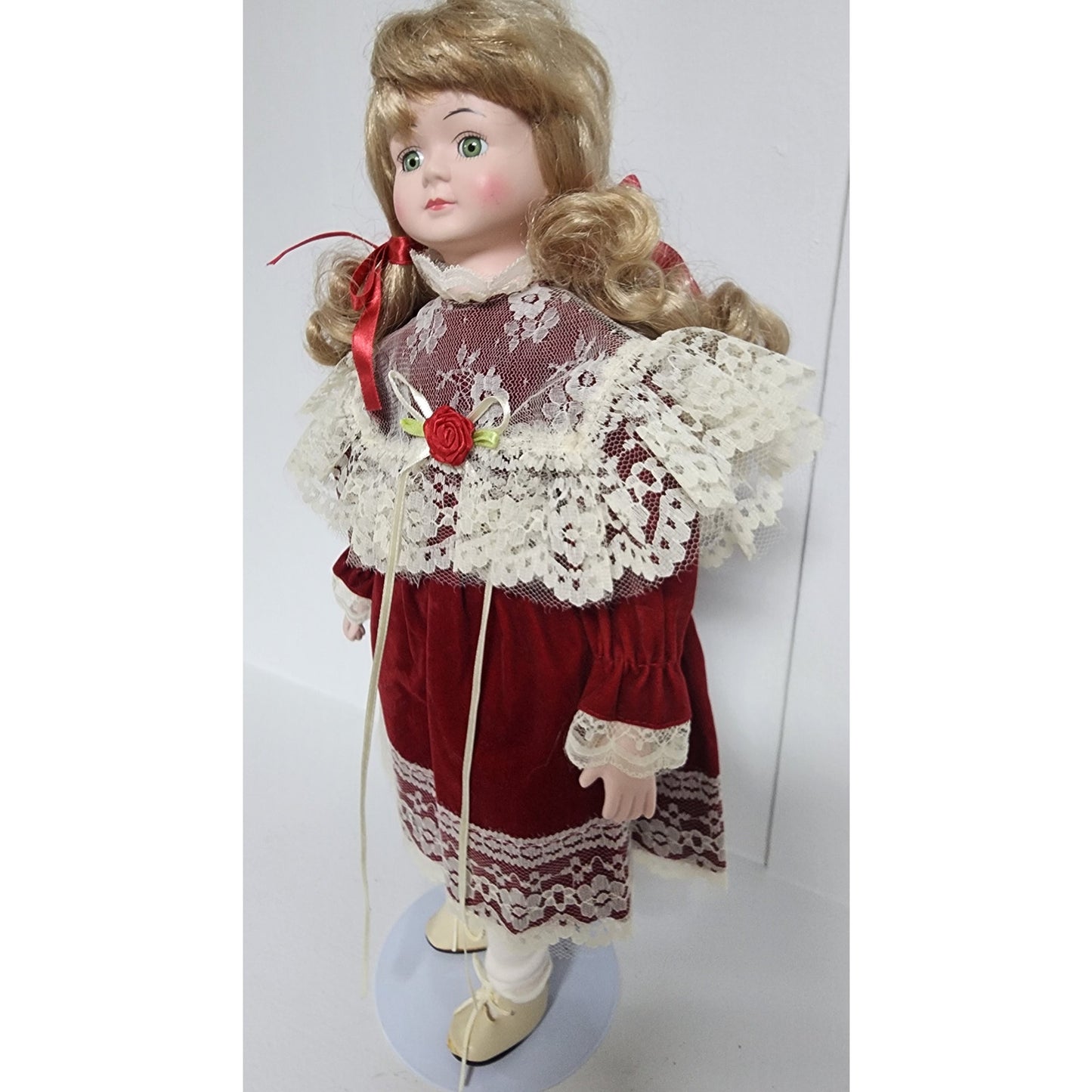Vintage Tender Hearts Porcelain Doll No. 594 Red Velvet Lace Dress w/ Stand