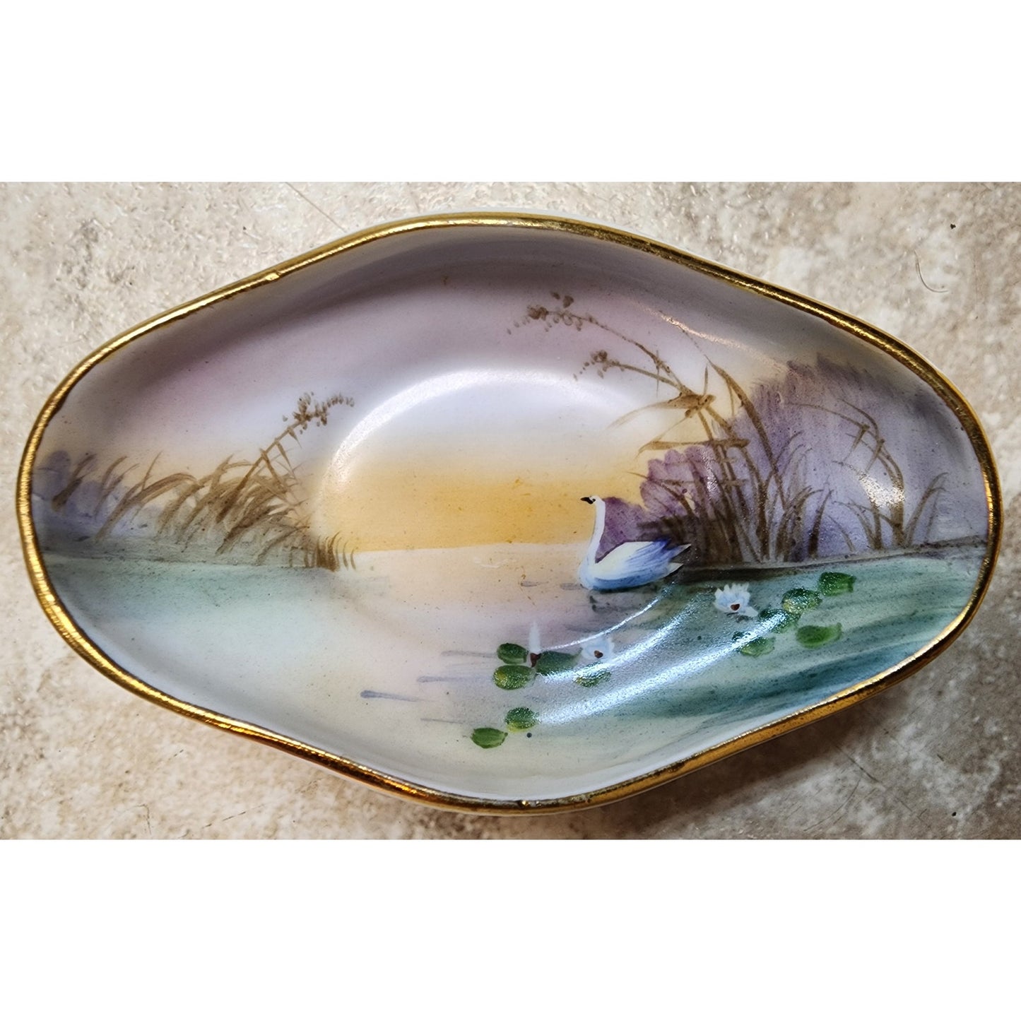 Set of 4 Vintage Hand Painted Nippon Nut Bowls – Gold Rim & Swan On Water Scene