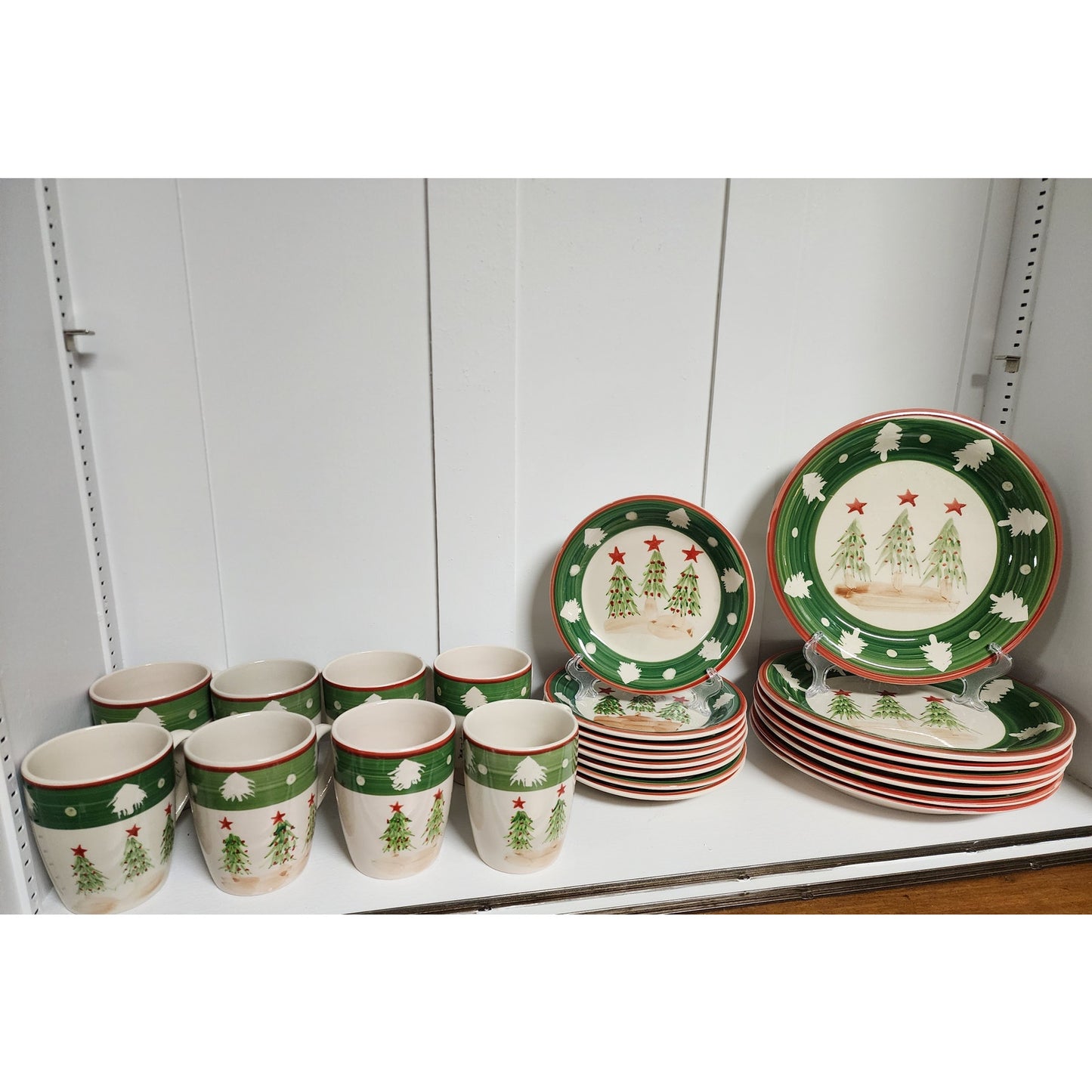 VTG Chinese Stoneware Christmas Dinnerware Set Hand Painted Trees 24 Pc - Rare