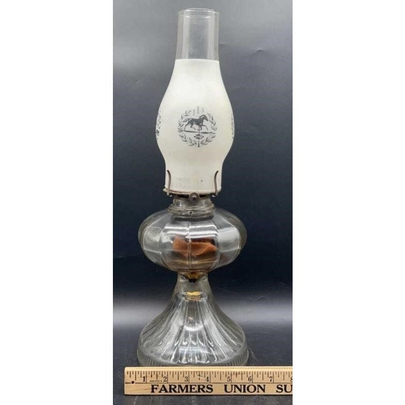 Antique Glass Oil Lamp w/ Frosted Etched Chimney 18″ Victorian Decor