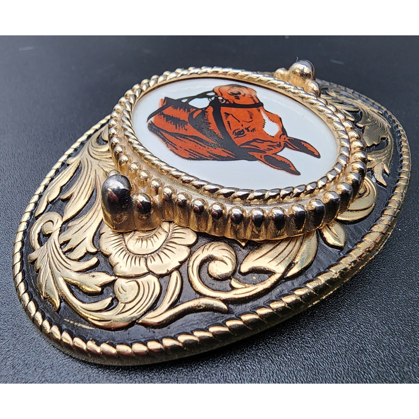 Vintage Brass Horse Head Belt Buckle with Porcelain Cameo 3.25" Western