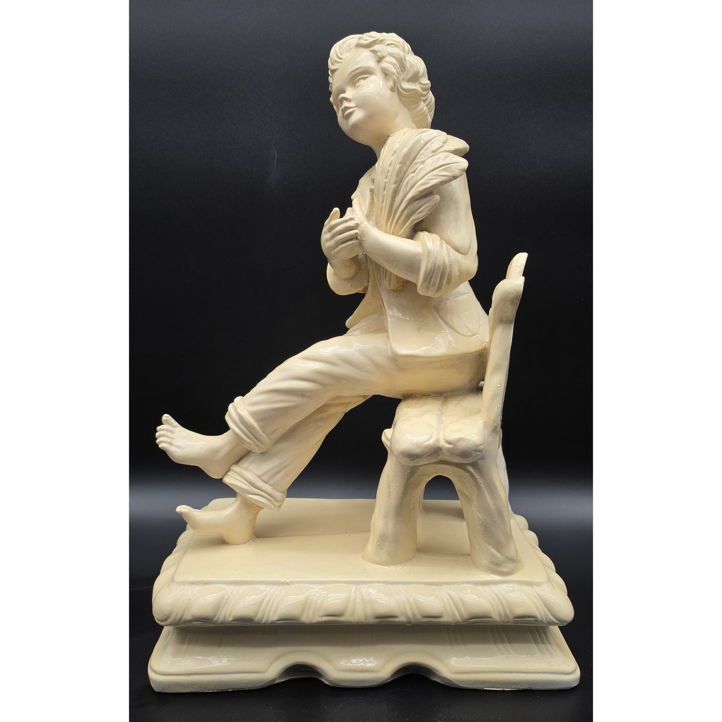 Vintage Pale Yellow Alabaster Boy Sculpture on Rustic Bench 18.5" 11 lbs