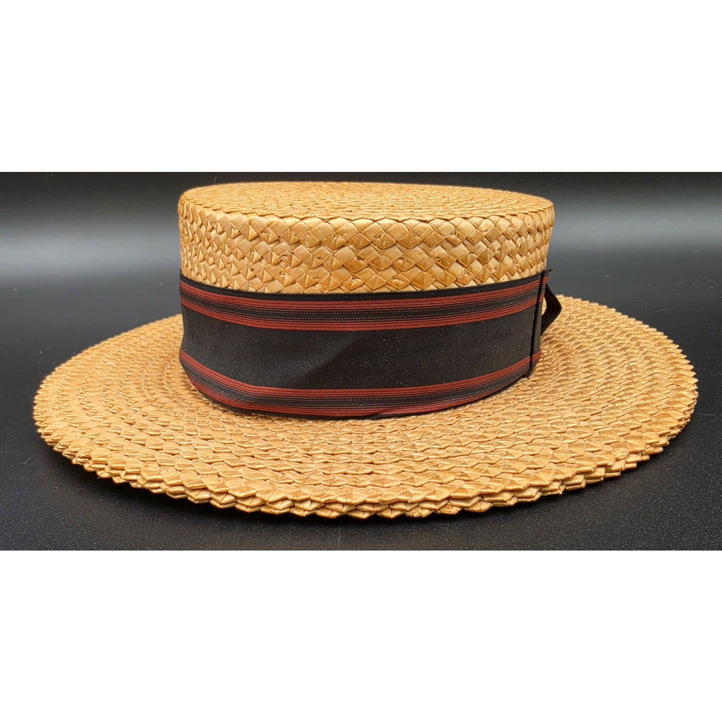 Vintage Dobbs Fifth Ave Tan Straw Boater Hat w/ Black & Red Ribbon 6oz - Nice