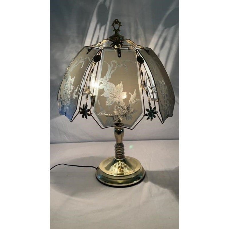 Vintage Brass Touch Table Lamp Etched Floral Glass Shade 3-Way Dimmable