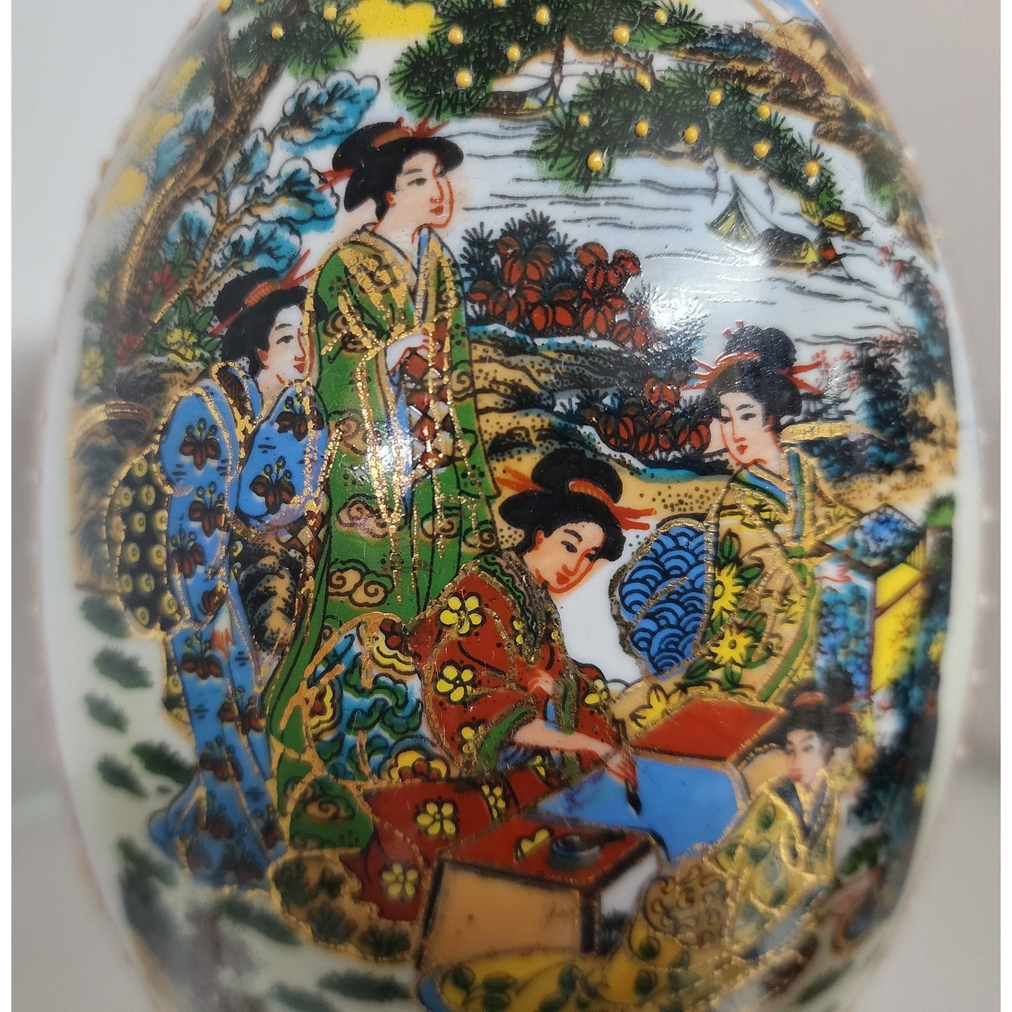 Japanese Porcelain Egg w/ Geisha Garden Scene Gold Gilt Raised Relief -Wood Base