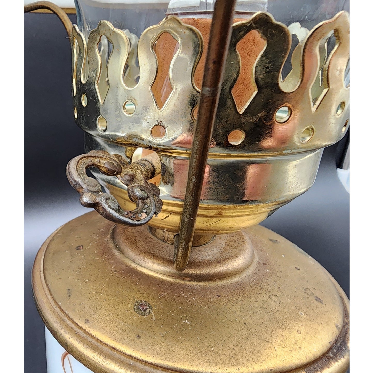 Vintage Brass Table Lamp w/ Hand‑Painted Pinecone Milk Glass Shade, 16.5"  Tall