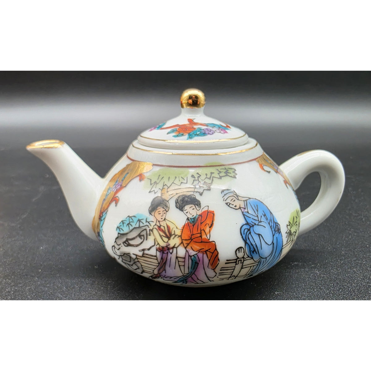 Vintage Hand Painted Porcelain Sake Tea Set 22K Gold Gilt Red Brocade Box Set