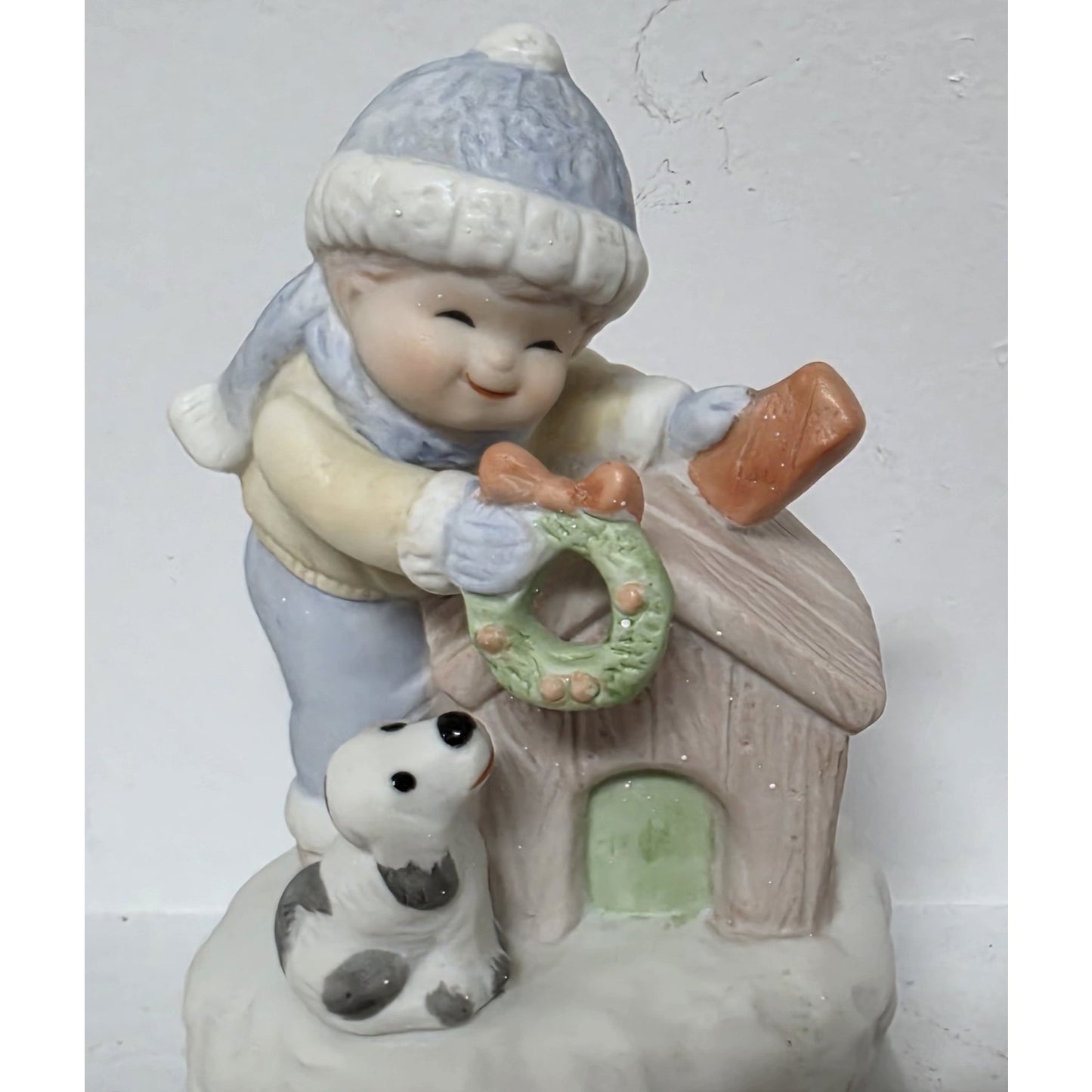 Vintage Boy & Dog Christmas Music Box Rotating Porcelain Figurine