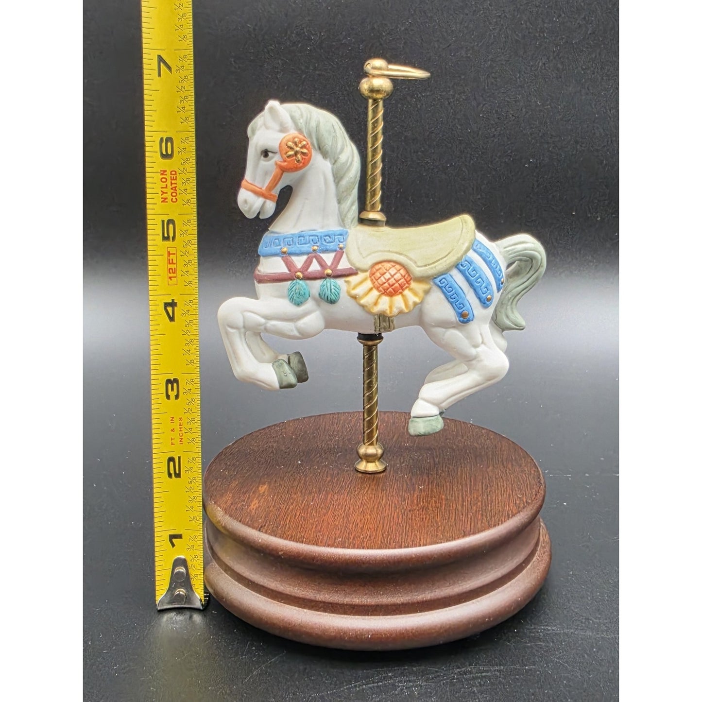 Vintage Taiwan Carousel Horse Music Box – Hand Painted Porcelain on Walnut Base