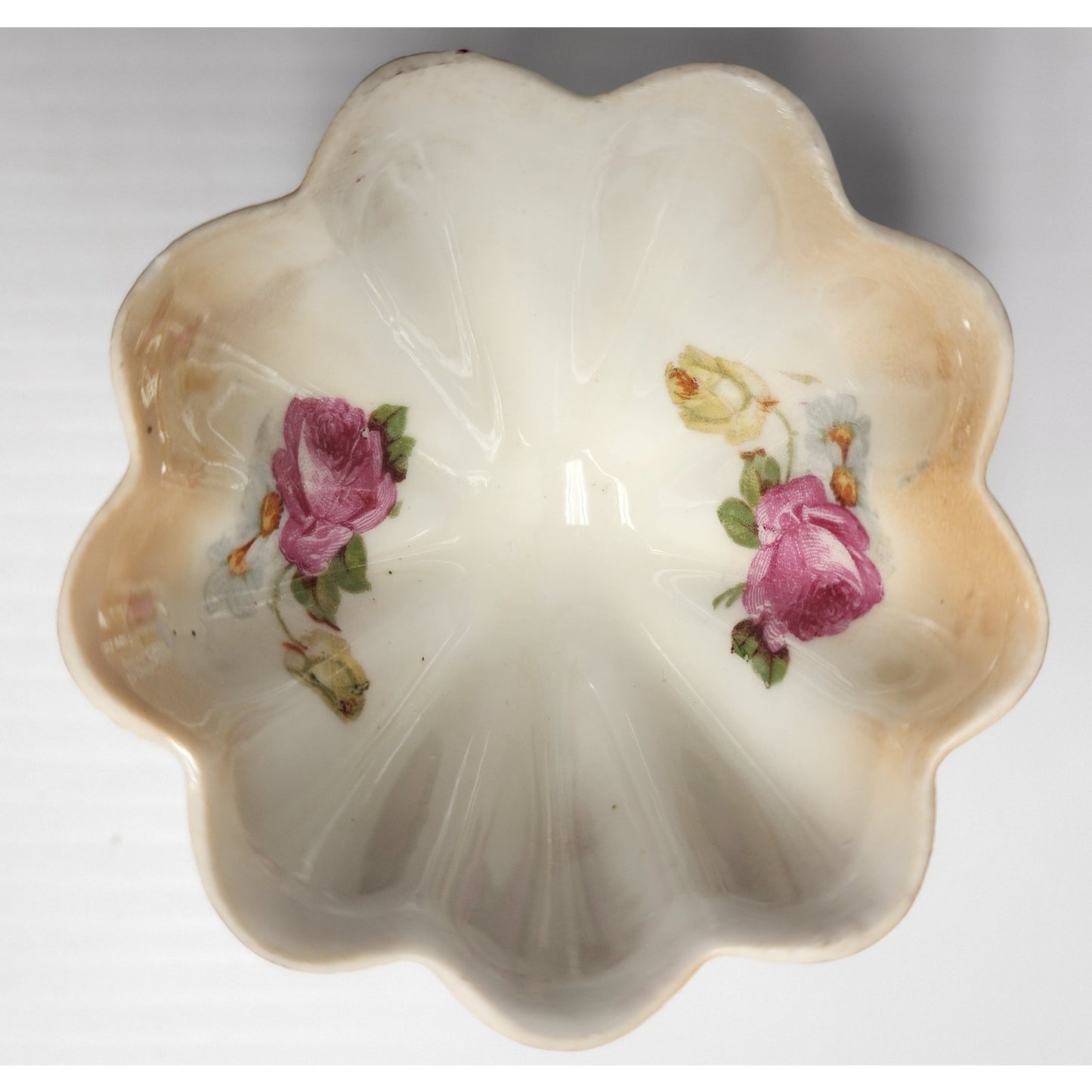 Antique German Hand Painted Porcelain Bowl Set 3pc Floral Scalloped Pedestal