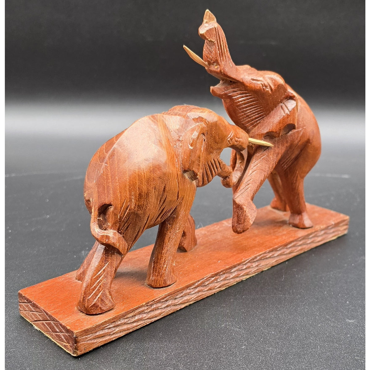Vintage Hand Carved Wood Elephant Set Wall Hanging Plaque & Mantel Figurine Art