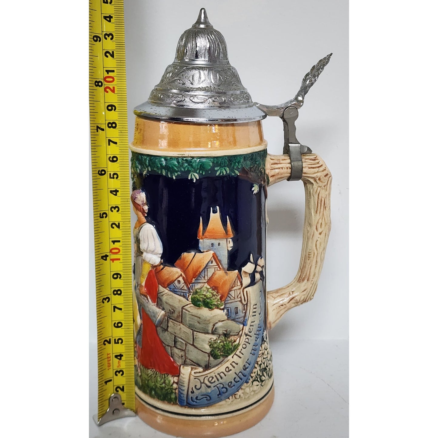Vintage German Beer Stein Pewter Lid Hand Painted Relief 9.5" Heavy Ceramic