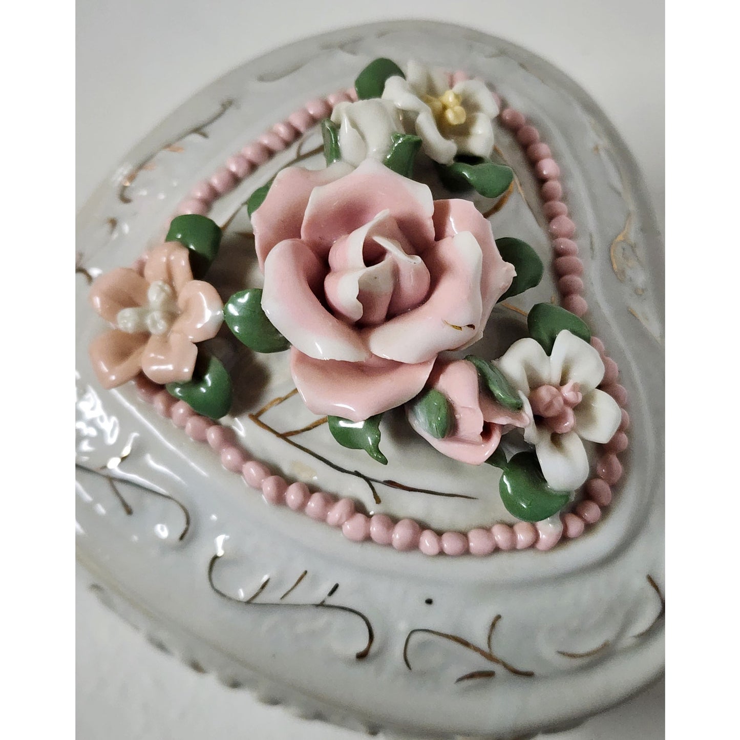 Vintage Porcelain Heart Trinket Box w/ Floral Bouquet & 22K Gold Detailing