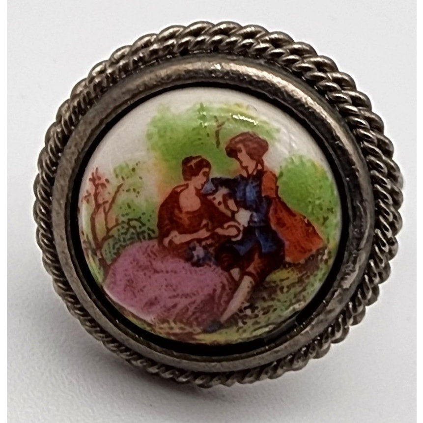 Vintage Italian Adjustable Ladies Ring Hand-Painted Scene Rope Border