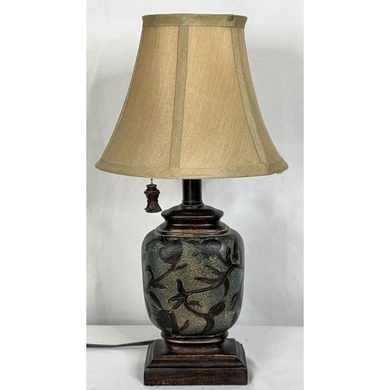 Vintage Ceramic Table Lamp Etched Floral w/ Shade & Ornate Pull Chain 18"