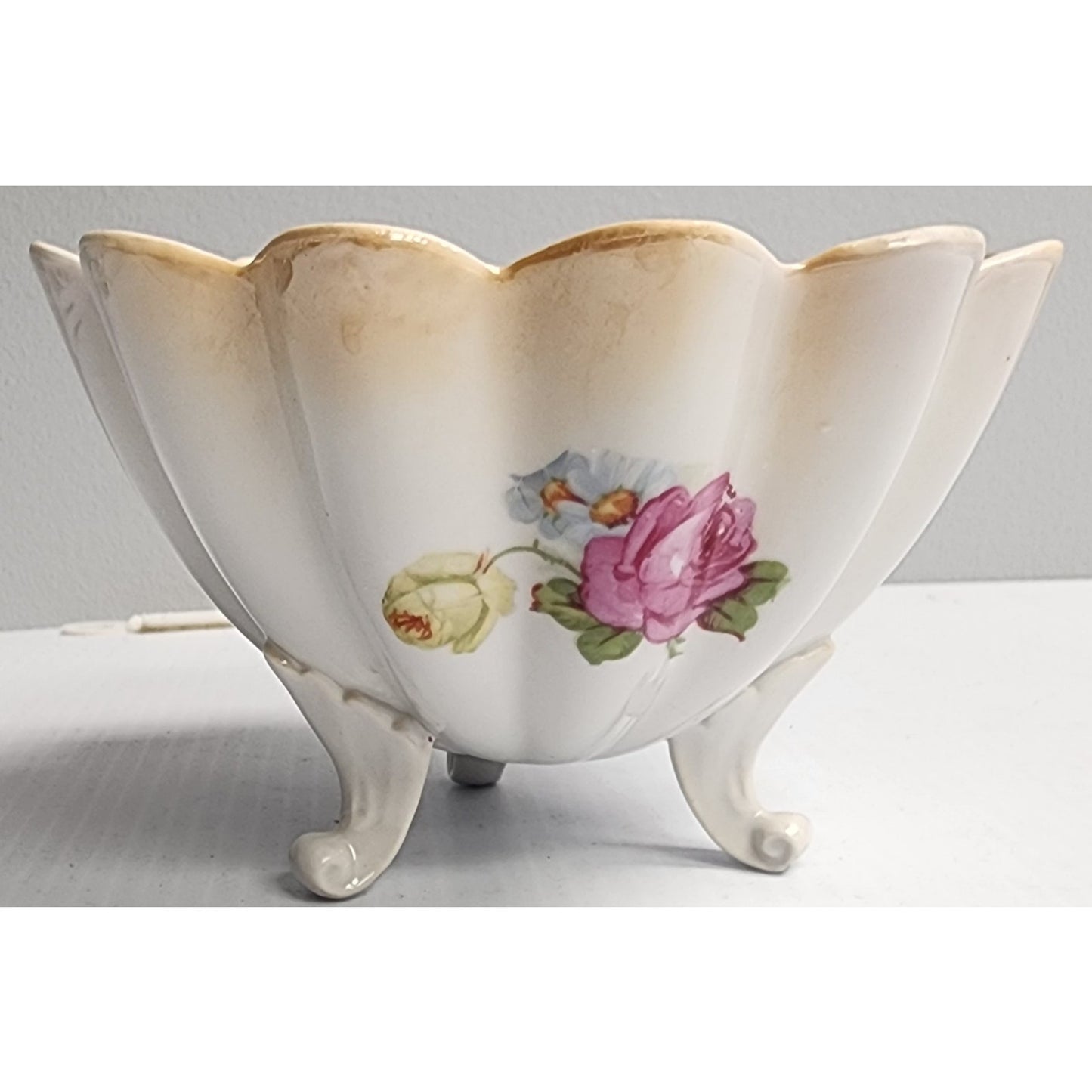 Antique German Hand Painted Porcelain Bowl Set 3pc Floral Scalloped Pedestal