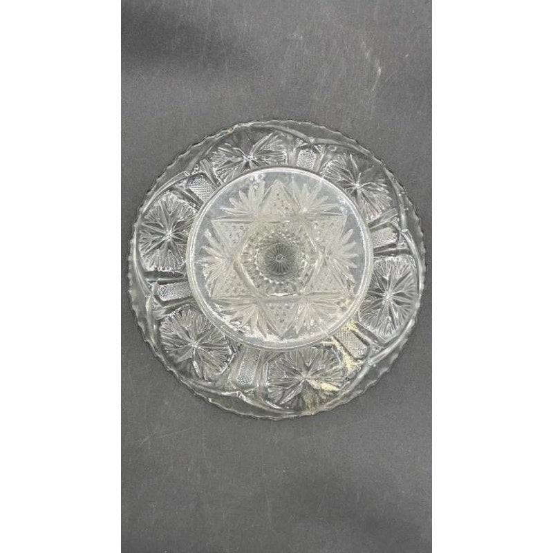 VTG Pressed Glass Pedestal Cake Stand 8.25" Scalloped Edge Starburst Design