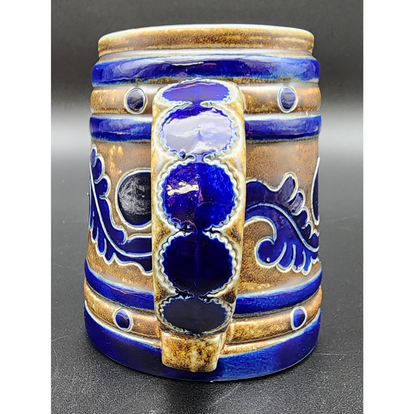 Vintage Goebel Merkelbach Stoneware Mug Cobalt Blue Salt Glaze Raised Design