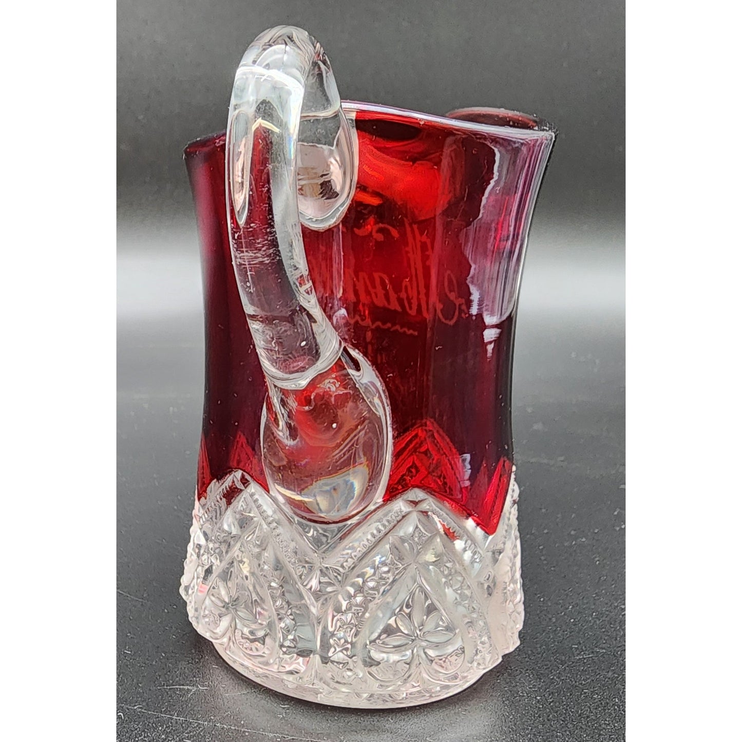 1903 Ruby Stained Cut Glass Pitcher Souvenir Etched Name 4.25” Antique