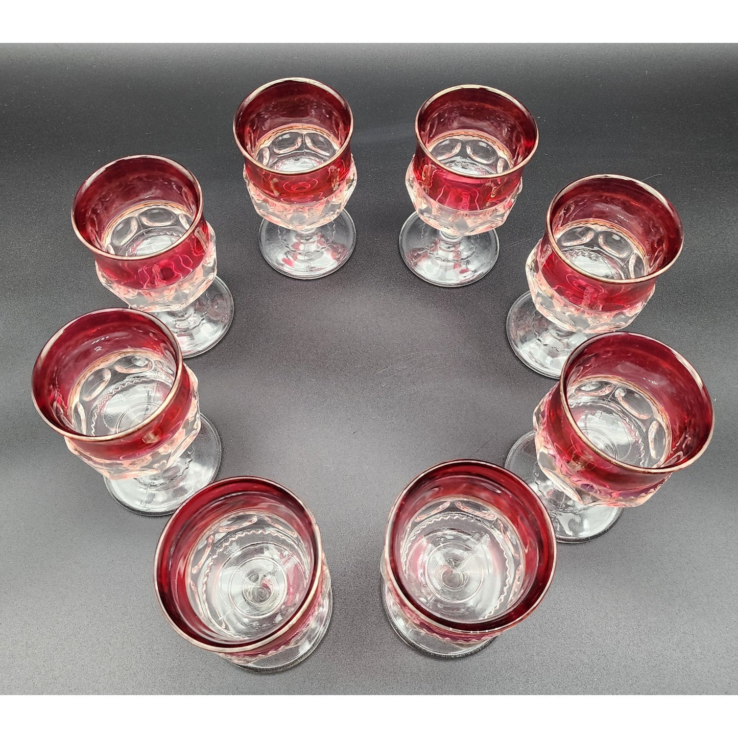 8 Kings Crown Thumbprint Ruby Flash Goblets 4.3" Vintage Glass Set