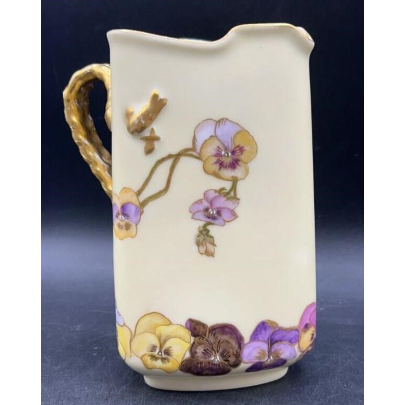 Antique H&Co Limoges Cream Pitcher 1 Pint Gold Floral Pansies - RARE