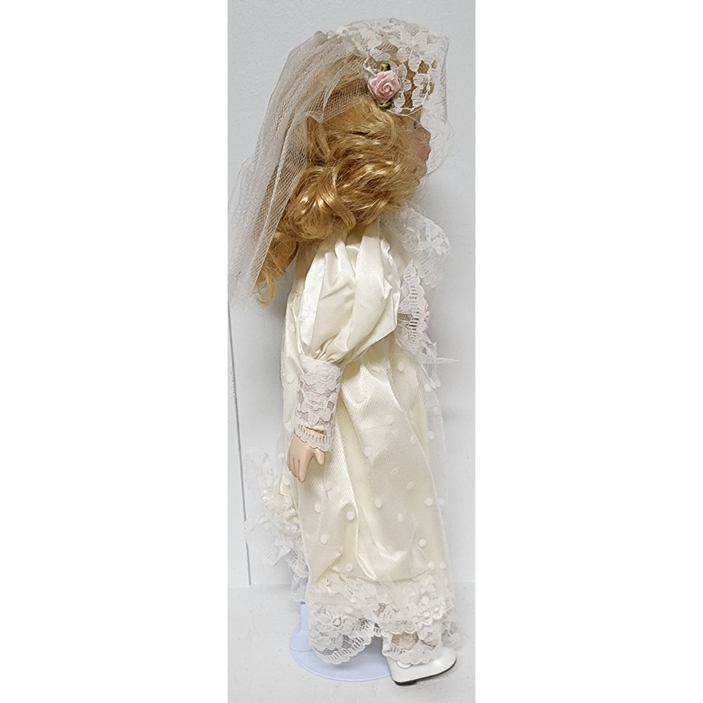 Vintage 16" Lazarus Porcelain Doll “Sarah” w/ Stand & Box – Bridal Gown