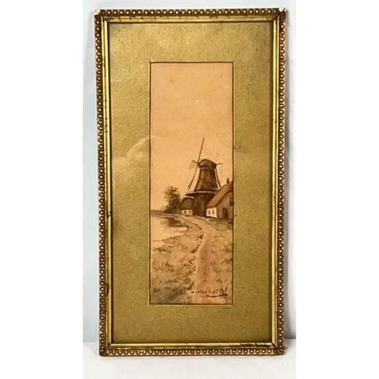 Antique F.J. Du Chattel Dutch Windmill Watercolor, Signed, Ornate Gold Frame
