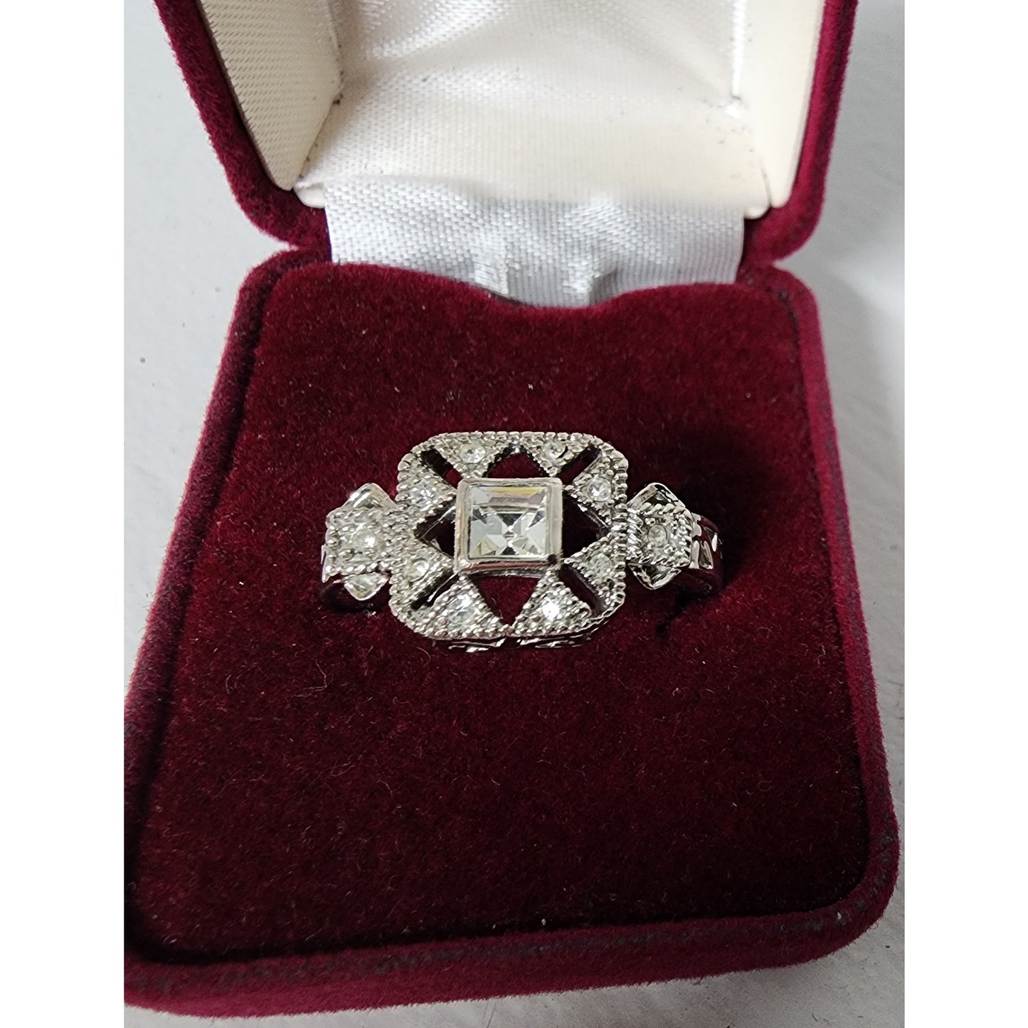 Vintage Silver Ring Size 9.75 w/ Box – Square Cut Clear Stone & Filigree Design
