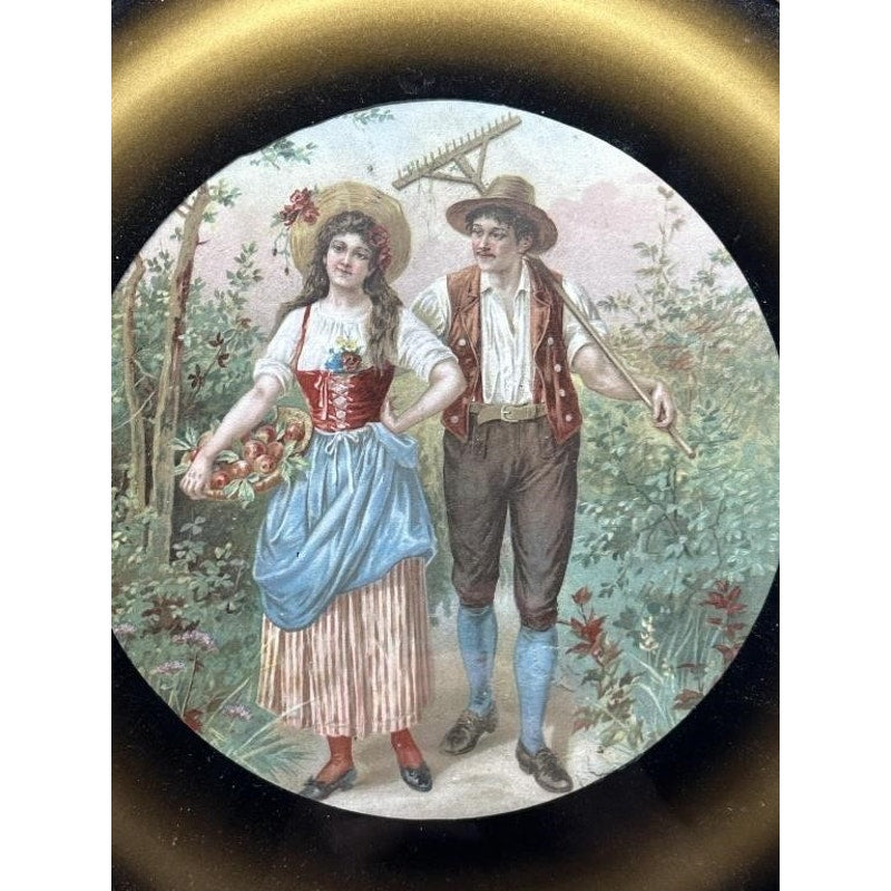 Vintage Romantic Gold-Foil Painted Glass Wall Hanging 11.75″ Diameter