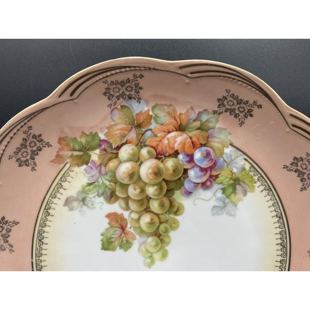 Antique German Porcelain Bowl Grapes Gold Trim Pink Rim Scalloped 12"