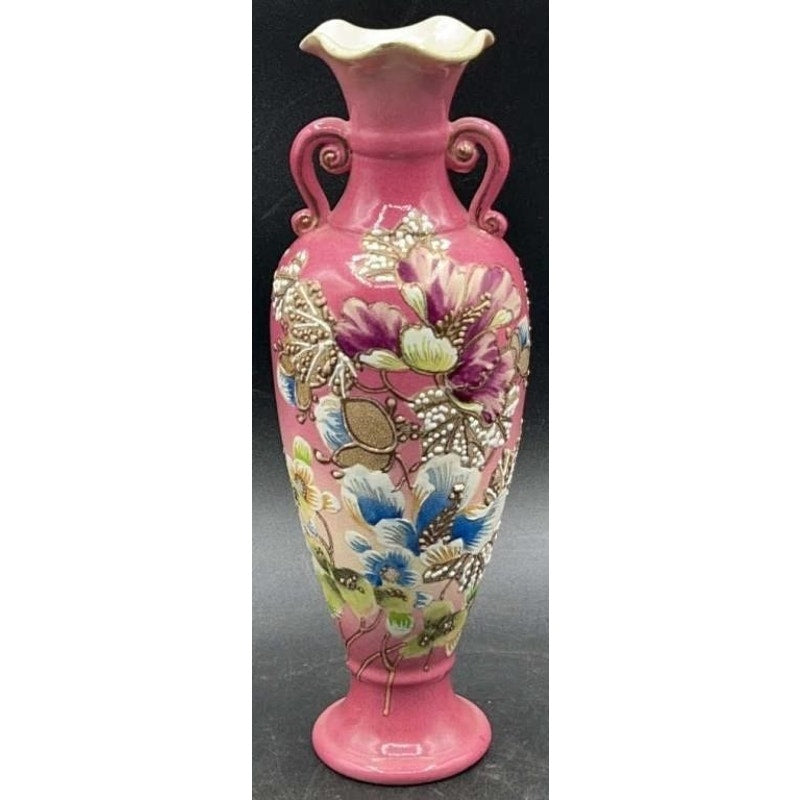 Victorian Pink Pottery Vase 9.5" – Embossed Floral, Handles, Repaired Chip